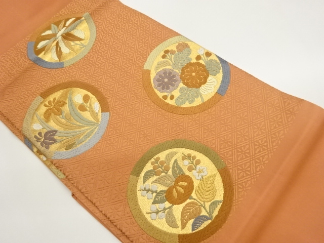 唐織丸文に橘・花々模様織出し名古屋帯